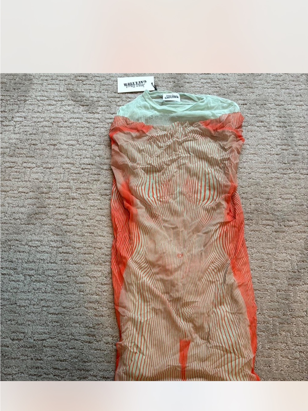 Jean Paul gaultier Sheer Ribbed Two-Piece Mini Dress in Beige with Coral Accents - Picture 2 of 3